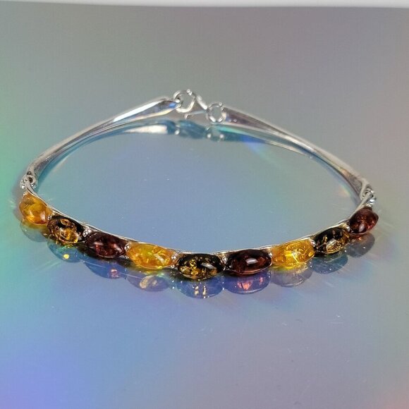 Sterling Silver Multicolor Amber Bracelet 6.5 In Lobster Clasp - Picture 1 of 12